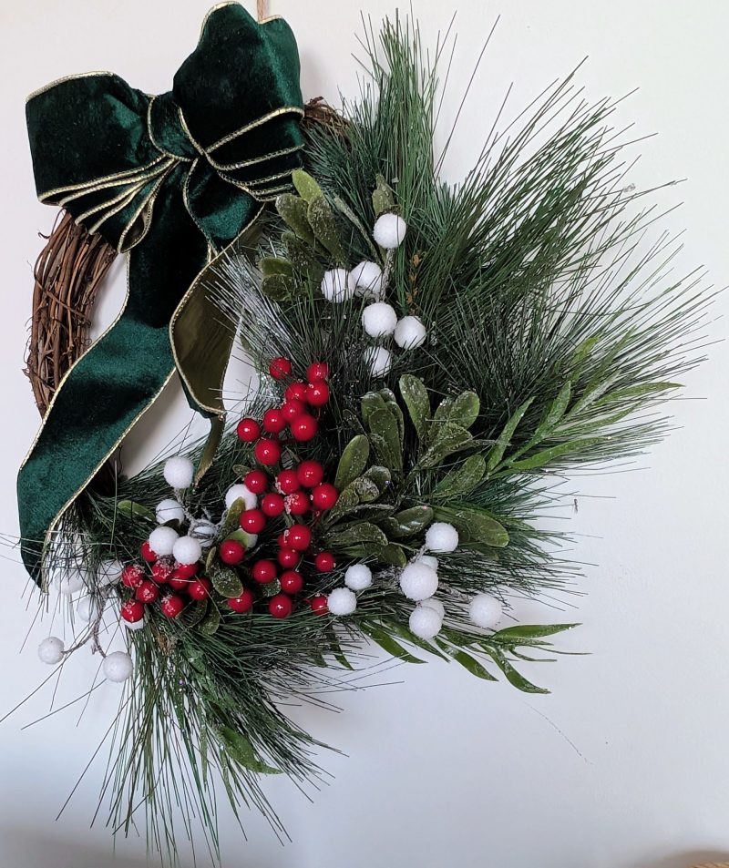 White And Red Winter Berries With Green Bow Faux Pine Wreath