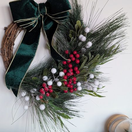 White And Red Winter Berries With Green Bow Faux Pine Wreath