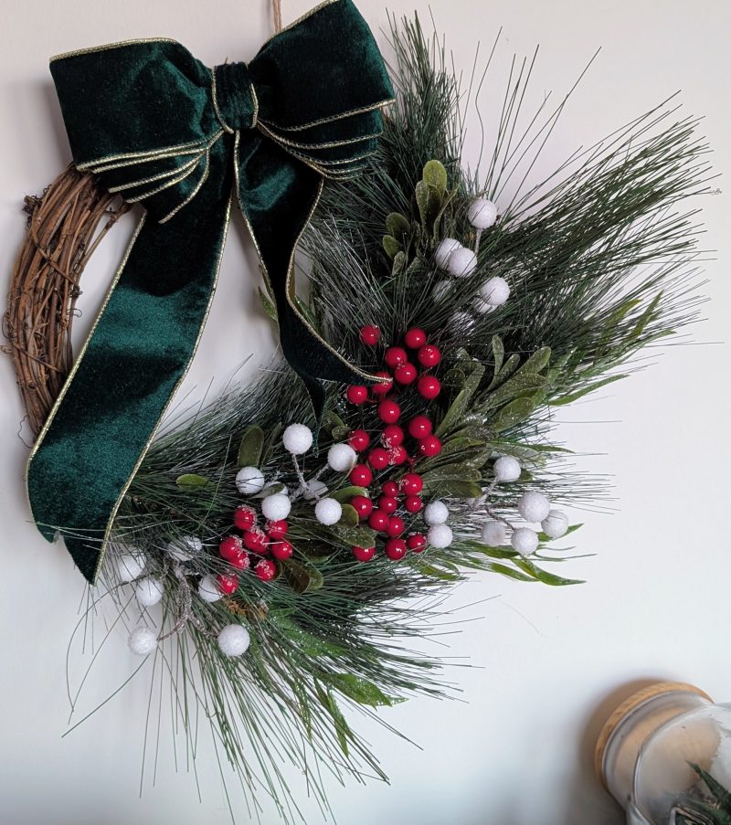 White And Red Winter Berries With Green Bow Faux Pine Wreath