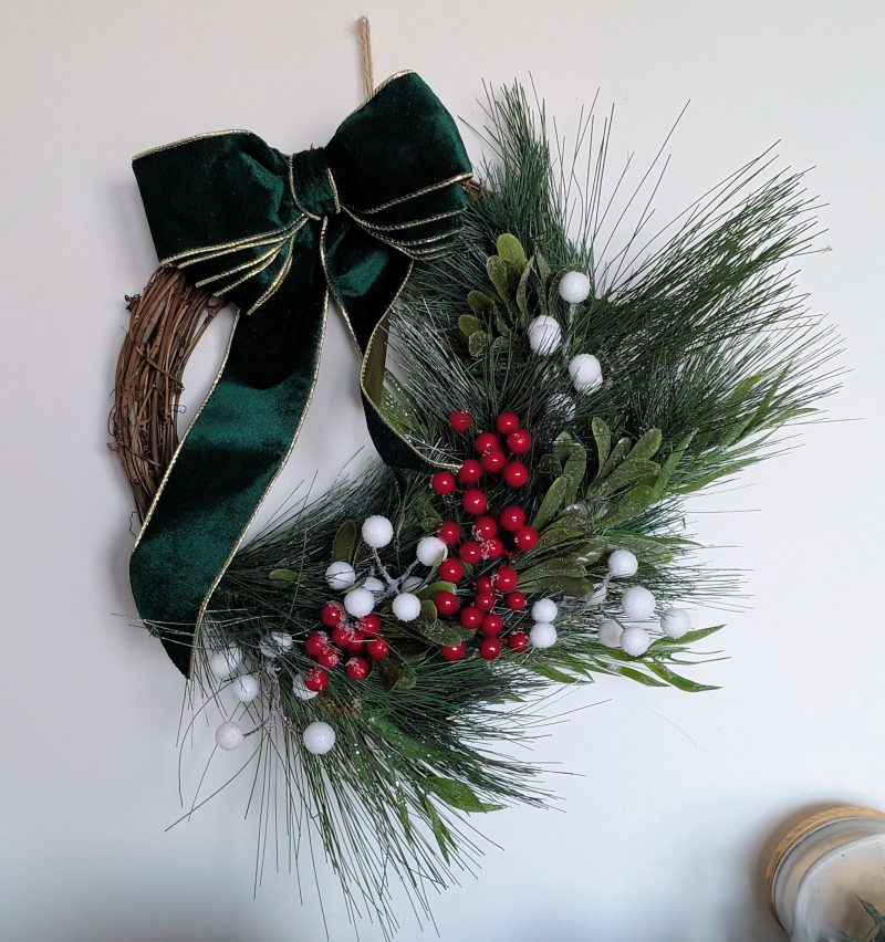 White And Red Winter Berries With Green Bow Faux Pine Wreath