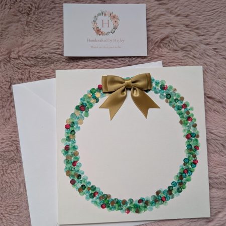 Hand painted watercolour greeting card - Wreath with gold bow