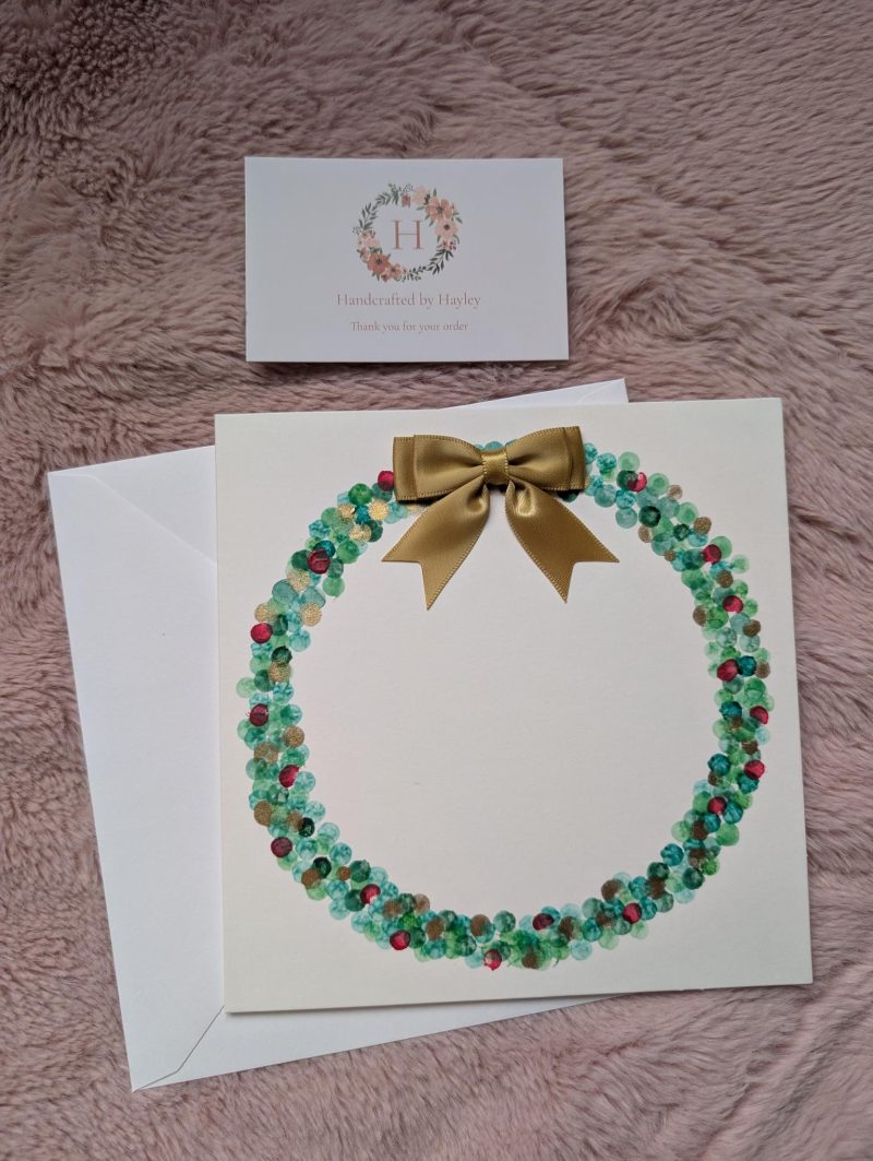 Hand painted watercolour greeting card - Wreath with gold bow