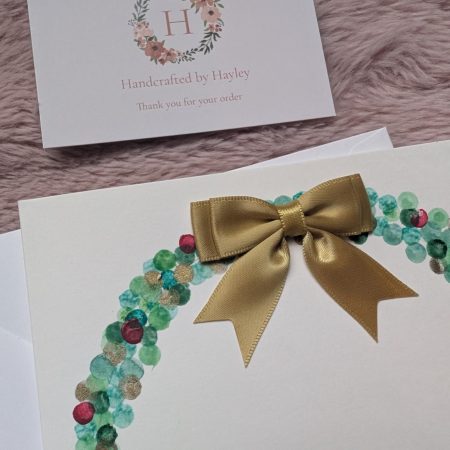 Hand painted watercolour greeting card - Wreath with gold bow