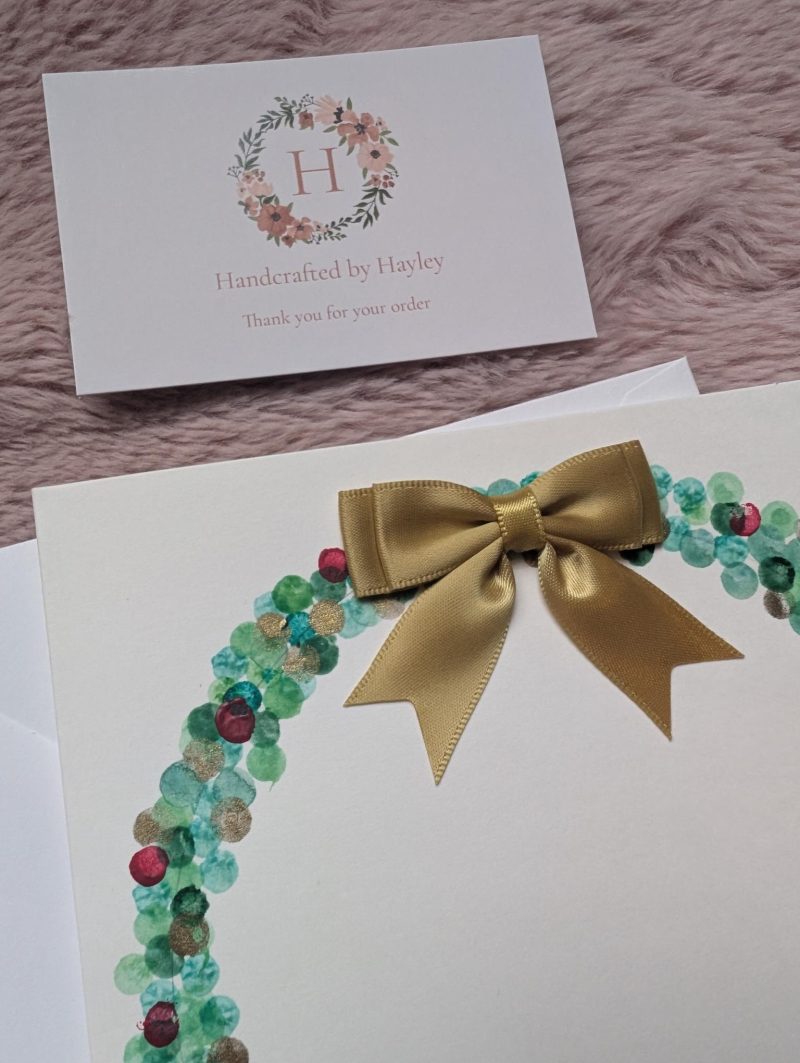 Hand painted watercolour greeting card - Wreath with gold bow
