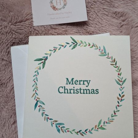 Hand painted watercolour greeting card - Merry Christmas wreath