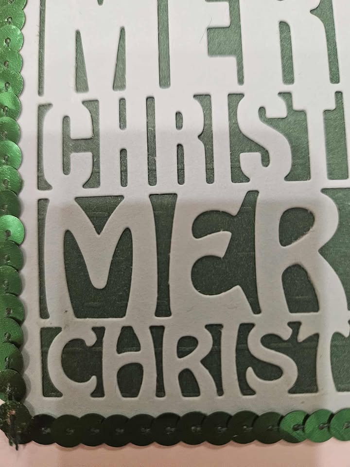 Green 'Merry Christmas' sequined christmas card 15cm x 15cm