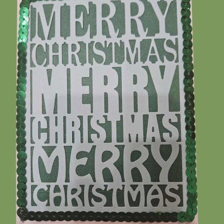 Green 'Merry Christmas' sequined christmas card 15cm x 15cm