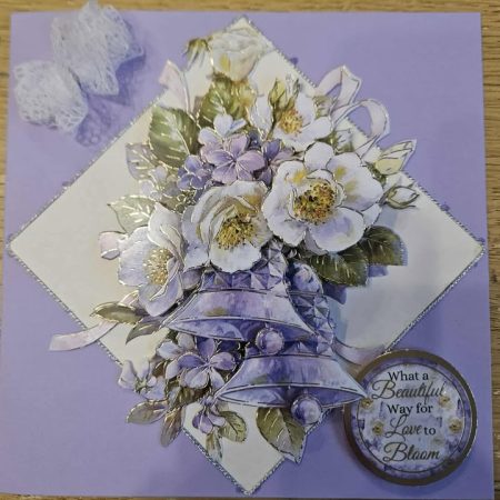 'What a beautiful way for love to bloom' lilac wedding card 15cm x 16cm