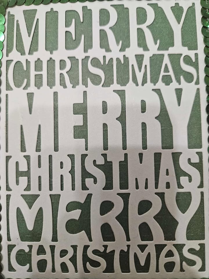 Green 'Merry Christmas' sequined christmas card 15cm x 15cm
