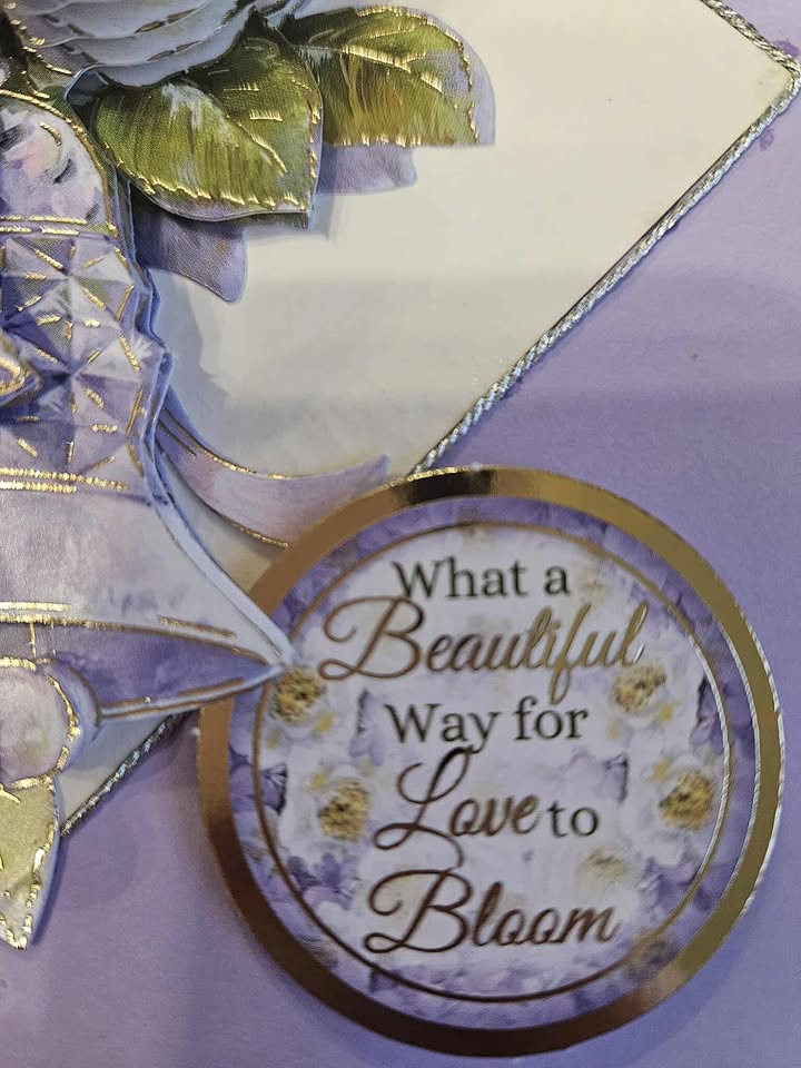 'What a beautiful way for love to bloom' lilac wedding card 15cm x 16cm