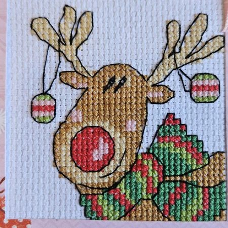 Red nosed reindeer hand made cross stitched christmas card 10cm x 11cm