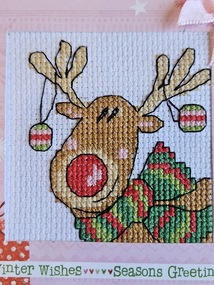 Red nosed reindeer hand made cross stitched christmas card 10cm x 11cm