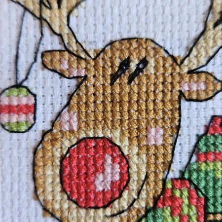 Red nosed reindeer hand made cross stitched christmas card 10cm x 11cm