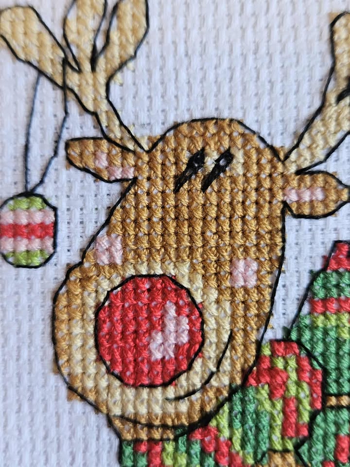 Red nosed reindeer hand made cross stitched christmas card 10cm x 11cm