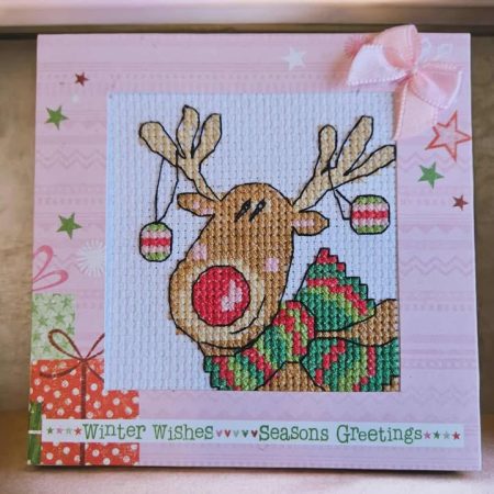 Red nosed reindeer hand made cross stitched christmas card 10cm x 11cm
