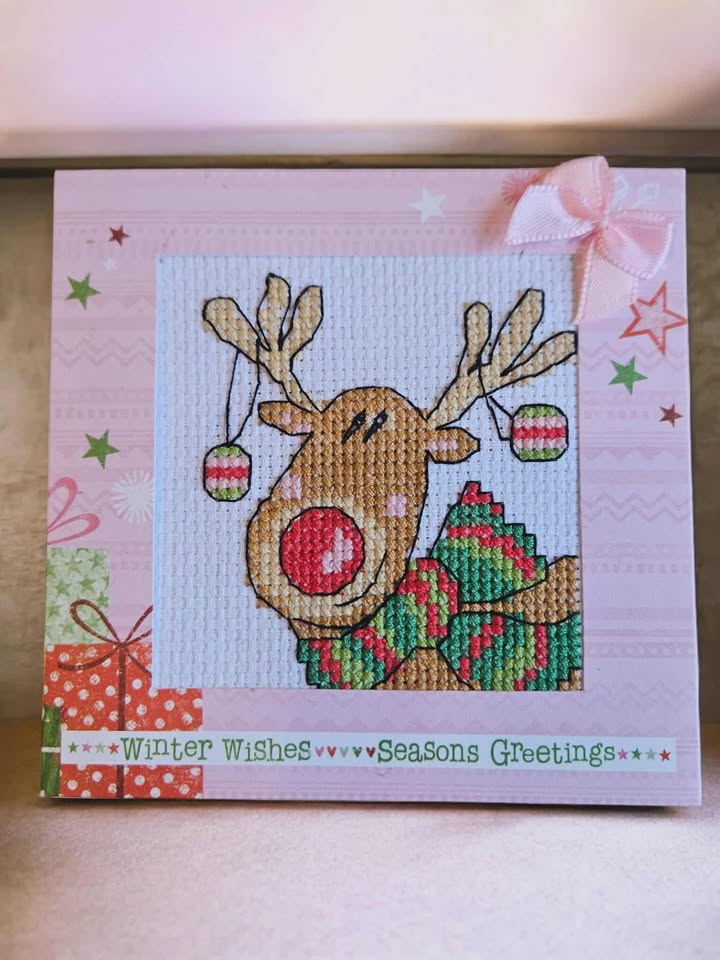 Red nosed reindeer hand made cross stitched christmas card 10cm x 11cm