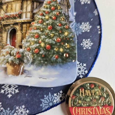 Blue & gold christmas village scene decoupage christmas card 12.5cm x 12.5cm