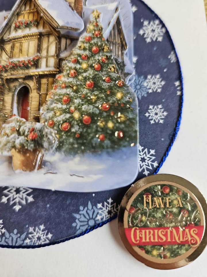 Blue & gold christmas village scene decoupage christmas card 12.5cm x 12.5cm