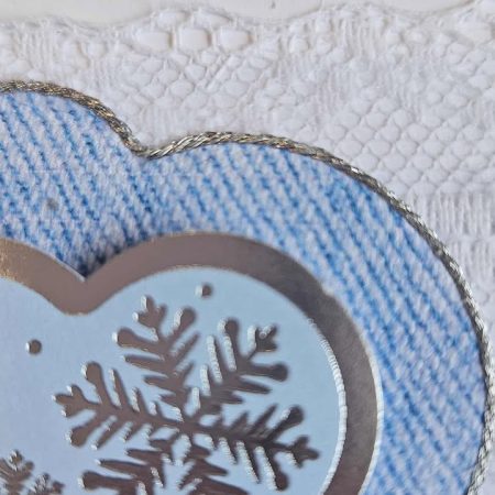Blue & silver christmas card with ribbon & lace 10cm x 18cm