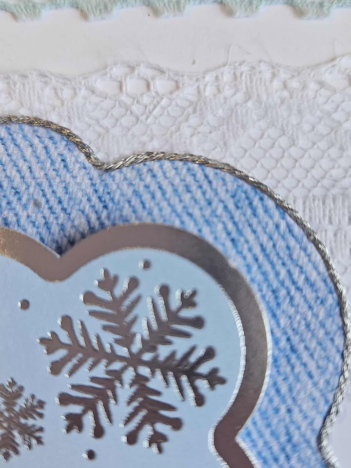 Blue & silver christmas card with ribbon & lace 10cm x 18cm
