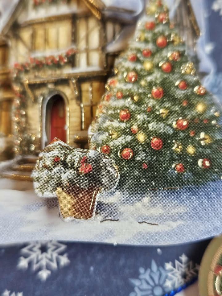 Blue & gold christmas village scene decoupage christmas card 12.5cm x 12.5cm