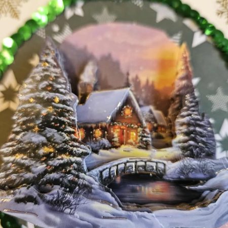 Blue & gold christmas village scene decoupage christmas card 12.5cm x 12.5cm