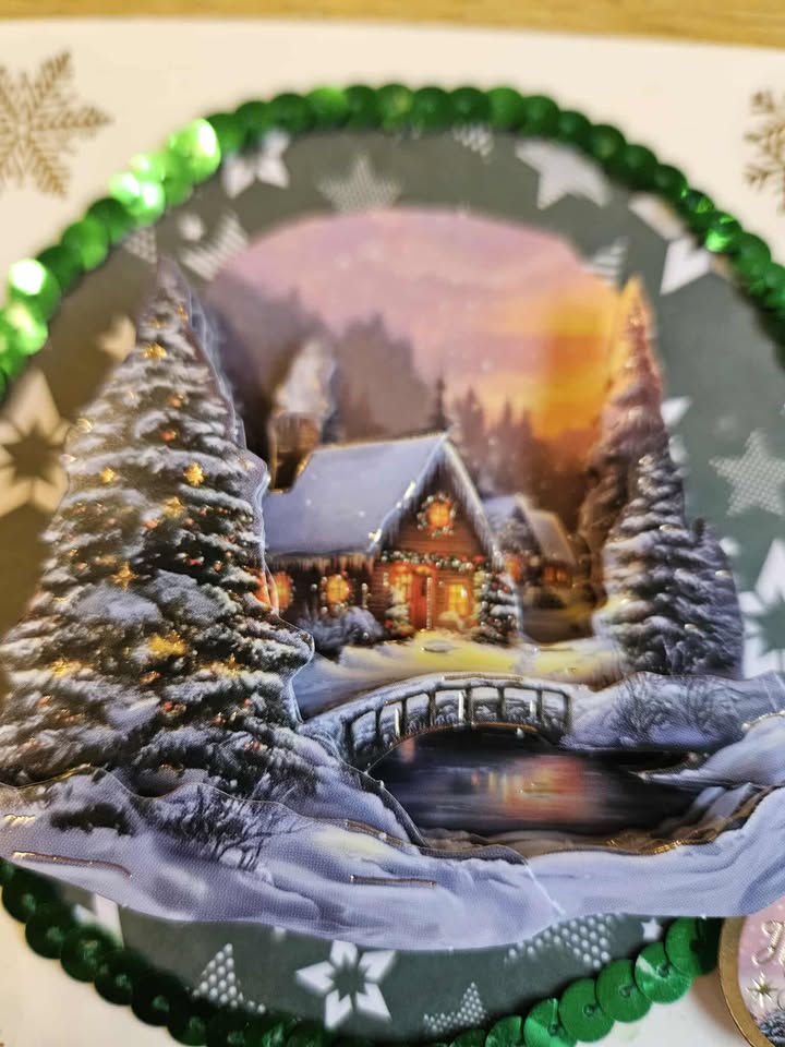 Gold foiled 3D decoupage christmas cottage card 12.5cm x 12.5cm
