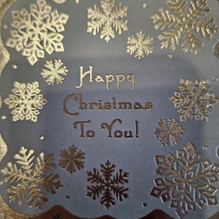 Blue & silver christmas card with ribbon & lace 10cm x 18cm