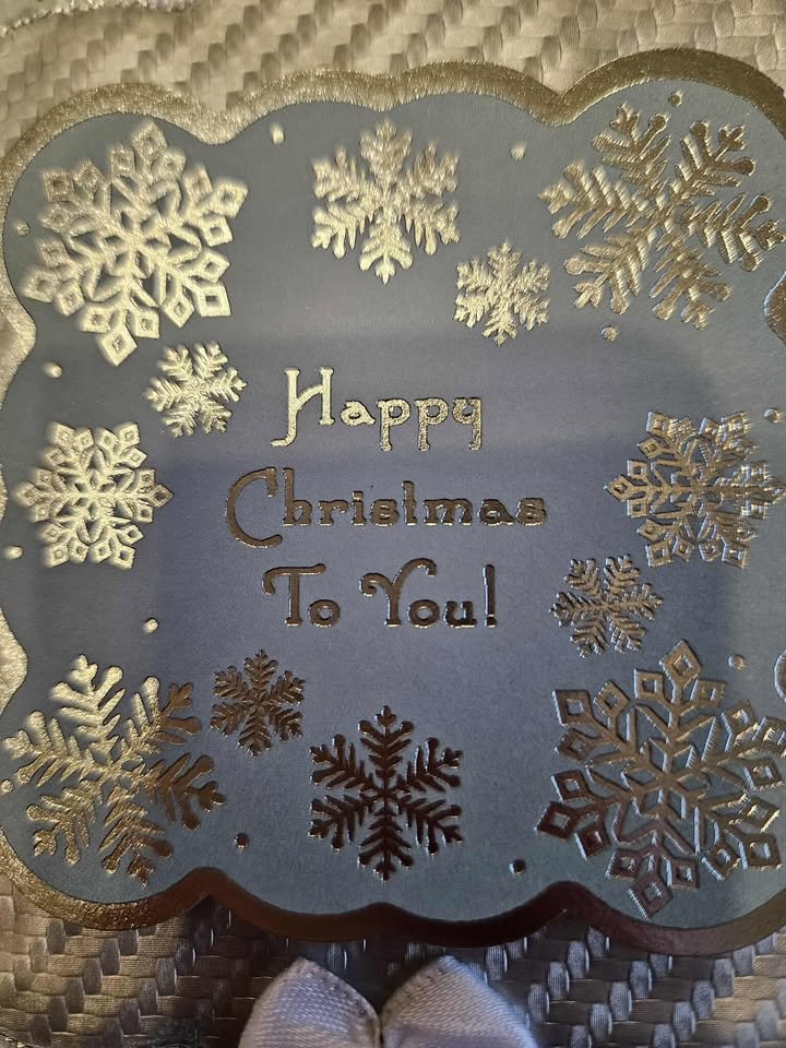 Blue & silver christmas card with ribbon & lace 10cm x 18cm