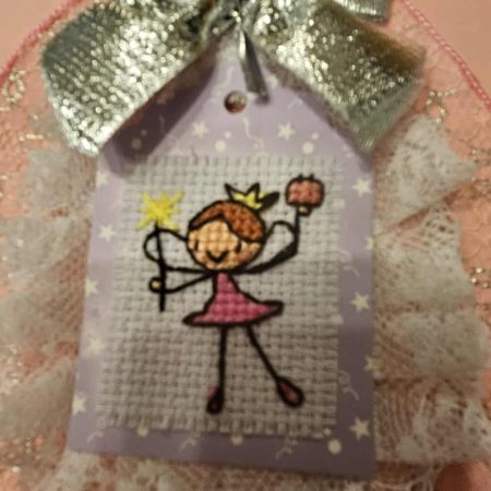 Pink & vintage nottingham lace cross stitch birthday cak fairy hand made birthday card 15cm x 15cm