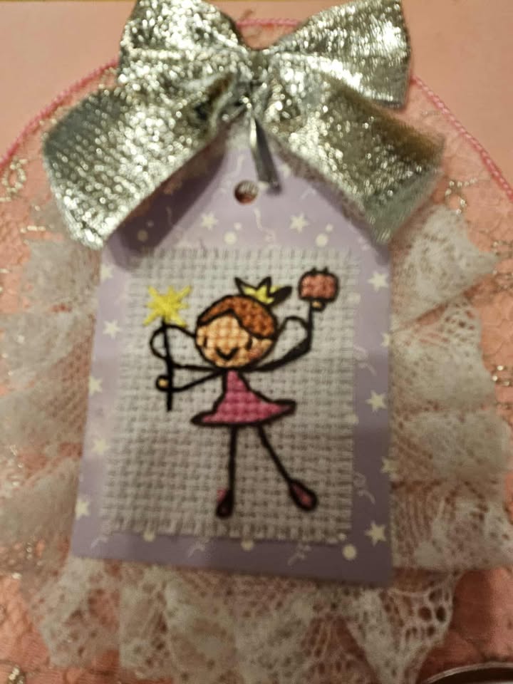 Pink & vintage nottingham lace cross stitch birthday cak fairy hand made birthday card 15cm x 15cm