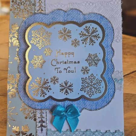 Blue & silver christmas card with ribbon & lace 10cm x 18cm