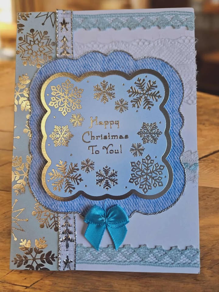 Blue & silver christmas card with ribbon & lace 10cm x 18cm