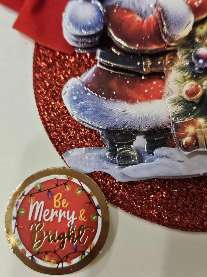 Red glittery santa & tree decoupage christmas card 12.5cm x 12.5cm
