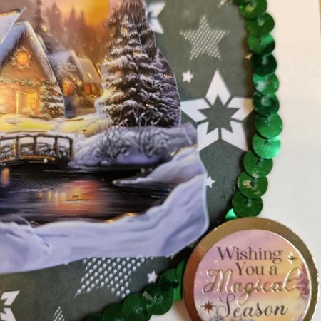 Gold foiled 3D decoupage christmas cottage card 12.5cm x 12.5cm