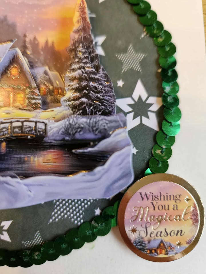 Gold foiled 3D decoupage christmas cottage card 12.5cm x 12.5cm