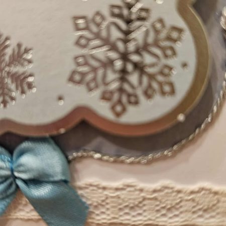 Blue & silver christmas card with ribbon & lace 10cm x 18cm