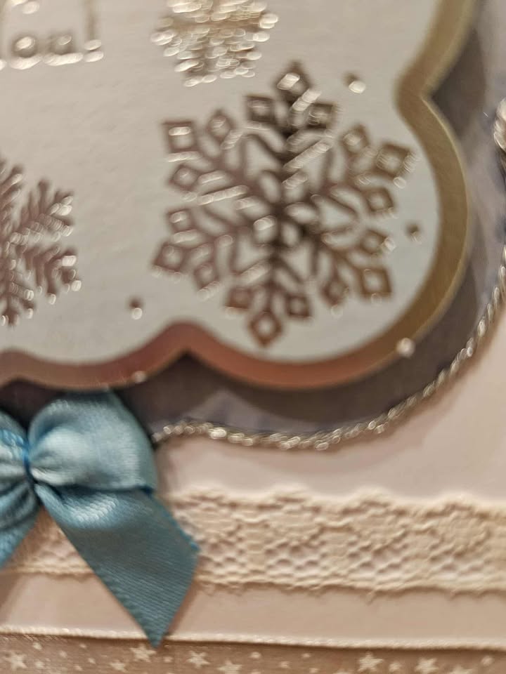Blue & silver christmas card with ribbon & lace 10cm x 18cm