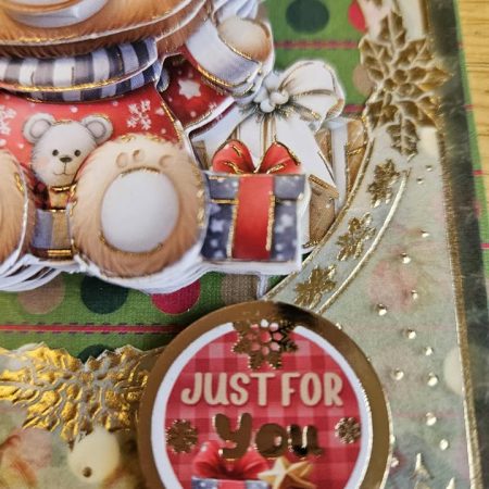 Gold foiled 3D decoupage christmas teddy bear card 10cm x 15cm