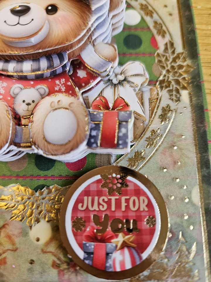 Gold foiled 3D decoupage christmas teddy bear card 10cm x 15cm