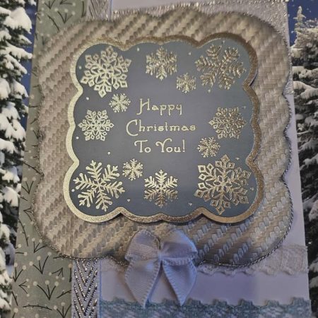 Sage green & silver christmas card with ribbon & lace 10cm x 18cm