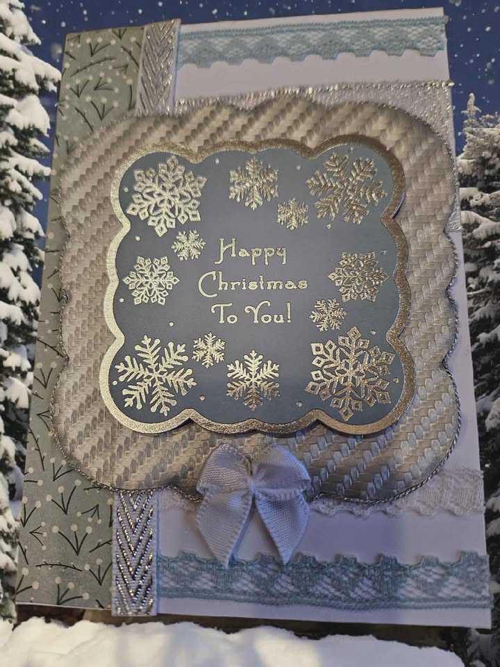 Sage green & silver christmas card with ribbon & lace 10cm x 18cm