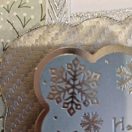Sage green & silver christmas card with ribbon & lace 10cm x 18cm