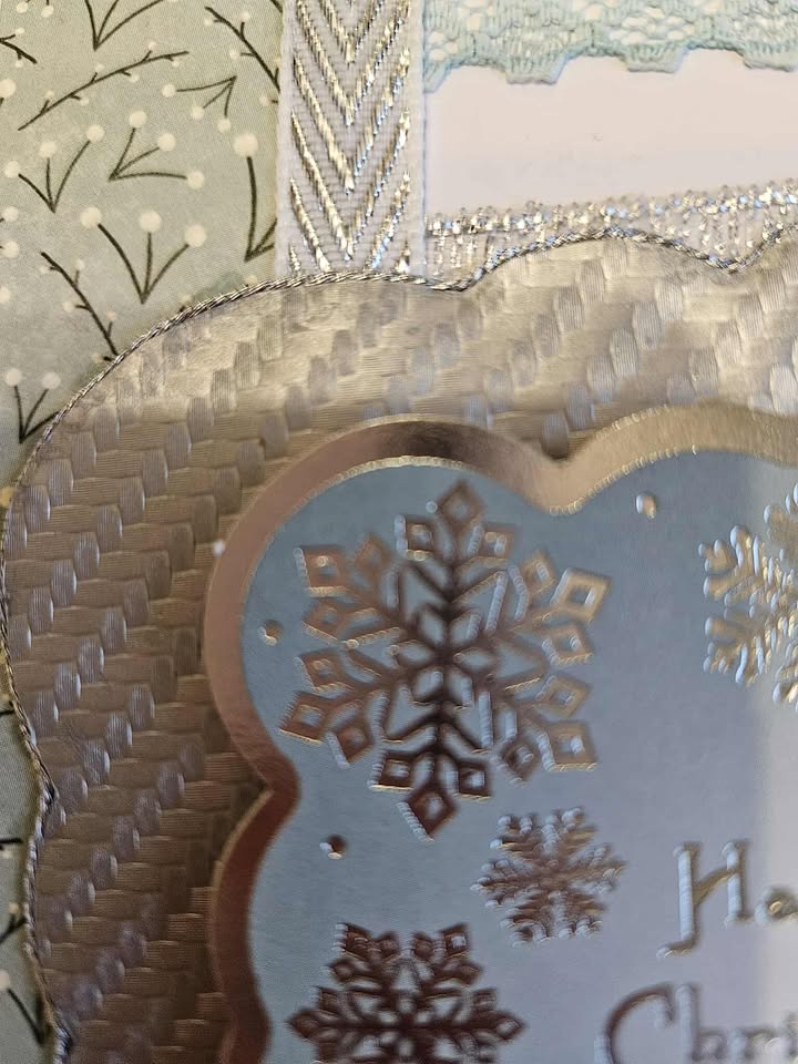Sage green & silver christmas card with ribbon & lace 10cm x 18cm