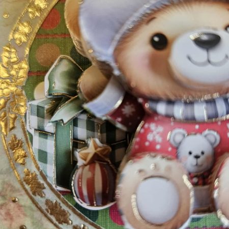 Gold foiled 3D decoupage christmas teddy bear card 10cm x 15cm