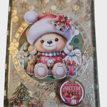 Gold foiled 3D decoupage christmas teddy bear card 10cm x 15cm