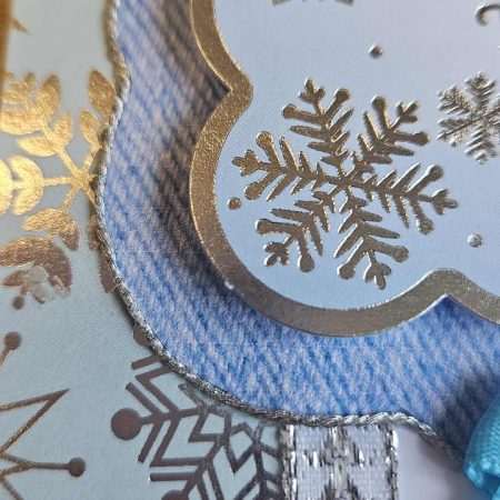 Blue & silver christmas card with ribbon & lace 10cm x 18cm