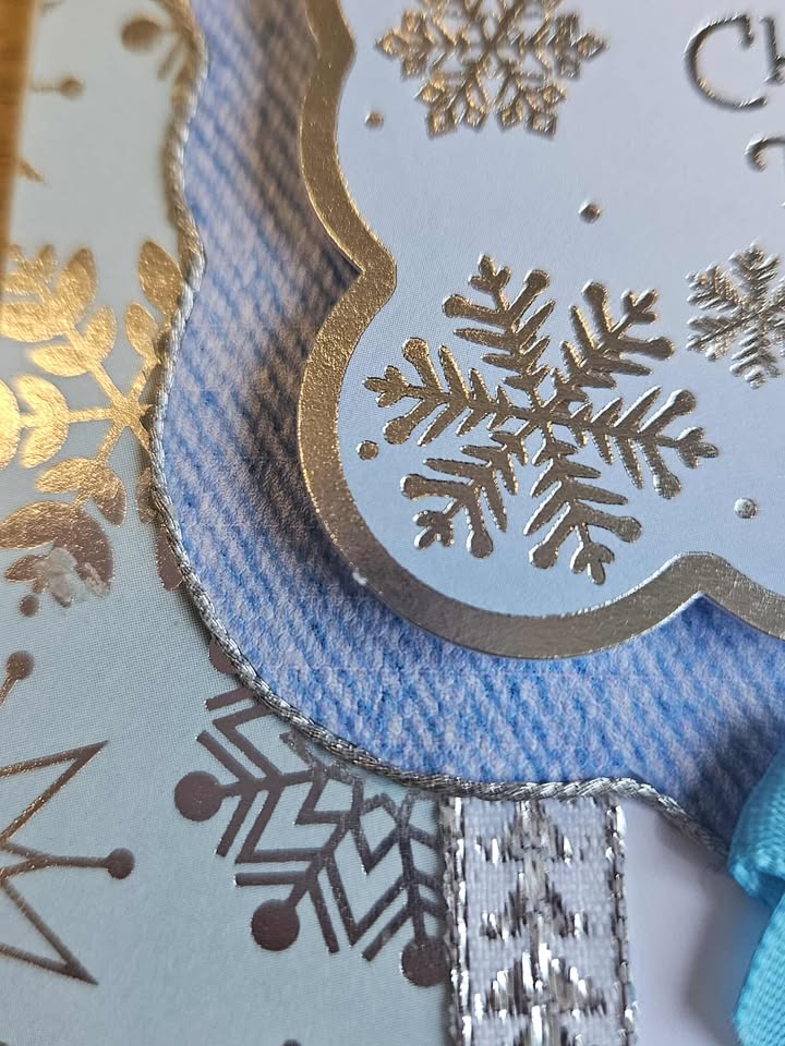 Blue & silver christmas card with ribbon & lace 10cm x 18cm