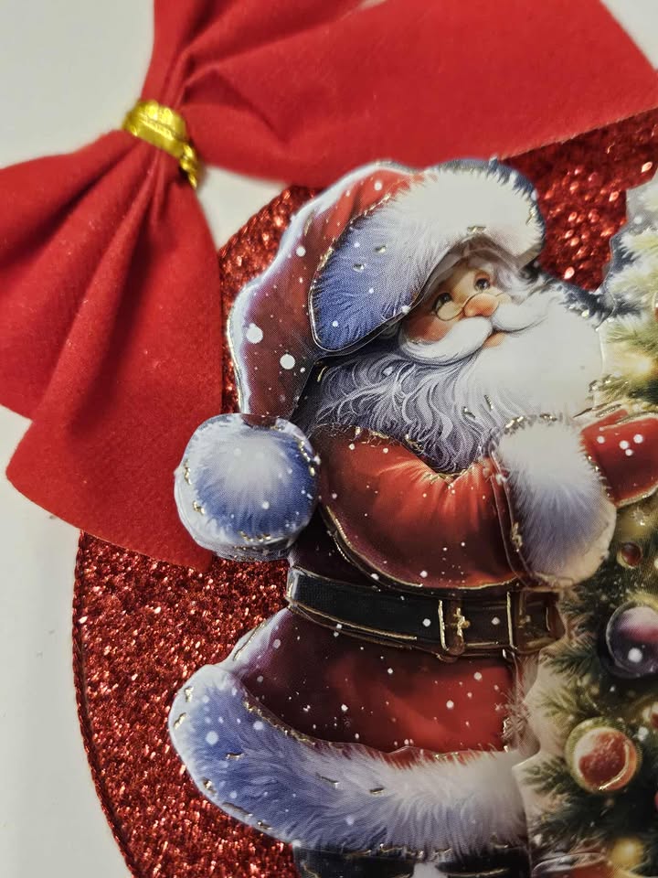 Red glittery santa & tree decoupage christmas card 12.5cm x 12.5cm
