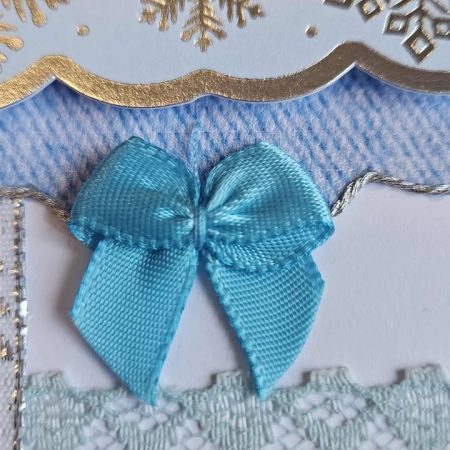 Blue & silver christmas card with ribbon & lace 10cm x 18cm